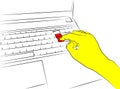 Index finger presses enter key on laptop keyboard. Press button enter. Hand of a man presses a red button on keyboard Royalty Free Stock Photo