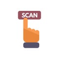 Index finger pressing scan button for accessing information