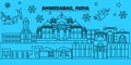 India, Ahmedabad winter holidays skyline. Merry Christmas, Happy New Year decorated banner with Santa Claus.India