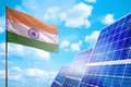 India alternative energy, solar energy concept with flag industrial illustration - symbol of fight with global warming, 3D