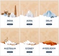 India, Australia. Time to travel. Set of Travel posters. Vector flat illustration.