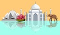 India background with Taj Mahal, Lotus Temple and elephant. Royalty Free Stock Photo