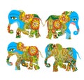 India. Beautiful elephants with flowers on white background. Decorative silhouettes.