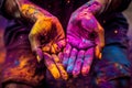 India Close up of hands covered in vibrant Holi colors, festival celebration with copy