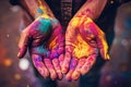 India Close up of hands covered in vibrant Holi colors, festival celebration with copy