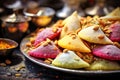 India close up of traditional Holi sweets gujiya and thandai, festival celebration with copy