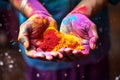 India Closeup of Hands of a Girl with colours during the celebration of Holi, festival celebration