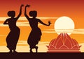 India dancer perform near famous landmark on sunset time,silhouette design