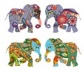 India. Decorative silhouettes. Beautiful elephants with flowers on white background.