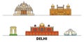 India, Delhi flat landmarks vector illustration. India, Delhi line city with famous travel sights, skyline, design.