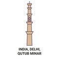 India, Delhi, Qutub Minar, travel landmark vector illustration