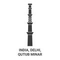 India, Delhi, Qutub Minar, travel landmark vector illustration