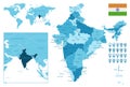 India detailed administrative blue map with country flag and location on the world map.