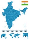 India - detailed blue country map with cities, regions, location on world map and globe. Infographic icons