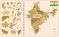 India - detailed map of the country in brown colors, divided into regions