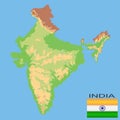 India. Detailed physical map of India colored according to elevation, with rivers, lakes, mountains. Vector map with