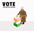 India election day campaign for Indian people or voter drop ballot in box or case to choose government, character of Indian man ca