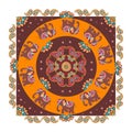 India. Ethnic bandana print with beautiful flowers, paisley and elephants.