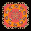 India. Ethnic bandana print with beautiful flowers, paisley and elephants. Summer kerchief square pattern design style for print