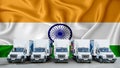 India flag in the background. Five new white trucks are parked in the parking lot. Truck, transport, freight transport. Freight