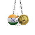 India flag smashing into a gold bitcoin crypto coin. 3D Rendering