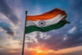 India flag waving in the wind against the sunset or sunrise background, Tricolor Indian Flag during Sunset and beautiful sky, AI Royalty Free Stock Photo