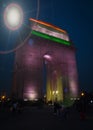 India Gate, New Delhi, India . India gate at night with multicolored lights. This landmark is one of main attractions of Delhi