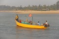 India, GOA, January 19, 2018. Fishermen on boats go to sea. Fishermen in boats are fishing and swimming along the river against