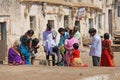 India, Hampi, 01 February 2018. A group of Indian people, men and women, inside the temple of Virupaksha