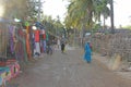 India, Hampi, 02 February 2018. The main street of the village of Virupapur Gaddi. Life, economy, tourists, cows, the market,