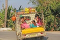 India, Hampi, January 31, 2018. Indian Women ride in the back of an open truck