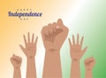 India happy independence day celebration card with hands up people