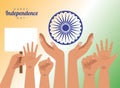 India happy independence day celebration card with hands up people