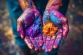 India Holi painted hands, festival celebration with copy space