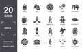 india icon set. include creative elements as tandoori, indian elephant, bhagavan, namaste, gujjia, kali filled icons can be used