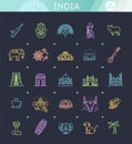 India icons set. Indian attractions, line design. Tourism in India, isolated vector illustration. Traditional symbols.