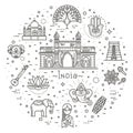 India icons set. Indian attractions, line design. Tourism in India, isolated vector illustration. Traditional symbols.