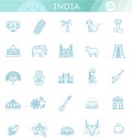 India icons set. Indian attractions, line design. Tourism in India, isolated vector illustration. Traditional symbols.