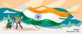 India independence day. 15 august. Greeting card, banner and poster template. People illustration is being campaign with holding i