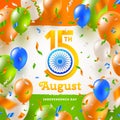 India independence day. Confetti and balloons in the colors of the indian national flag and greeting with holiday date. Royalty Free Stock Photo