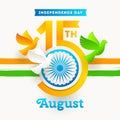 India independence day emblem. Holiday date with Ashoka wheel and doves in the colors of the indian national flag. Royalty Free Stock Photo