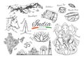 India. Indian Heritage Vector hand drawn symbols of India. Ganesh, Om, Namaste, Delhi, Cow . Isolated objects on white.