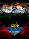 India, Indian vs Antigua and Barbuda, Antiguan and Barbudan smoky mystic flags placed side by side. Thick colored silky abstract