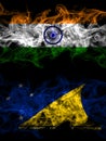 India, Indian vs New Zealand, Tokelau smoky mystic flags placed side by side. Thick colored silky abstract smoke flags