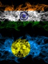 India, Indian vs Palau smoky mystic flags placed side by side. Thick colored silky abstract smoke flags