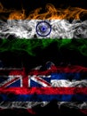 India, Indian vs United States of America, America, US, USA, American, Hawaii, Hawaiian smoky mystic flags placed side by side. Royalty Free Stock Photo