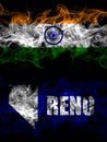 India, Indian vs United States of America, America, US, USA, American, Reno, Nevada smoky mystic flags placed side by side. Thick