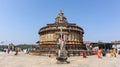 Devotees at.Vidyashankara Temple, rich with sculpted plinth, six doorways and twelve pillars surrounding the mandapa with figures