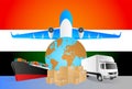 India logistics concept illustration. National flag of India from the back of globe, airplane, truck and cargo container ship