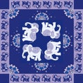 India. Lovely tablecloth or quilt. Ethnic bandana print with ornamental border. Silk neck scarf with flowers and elephants. Royalty Free Stock Photo